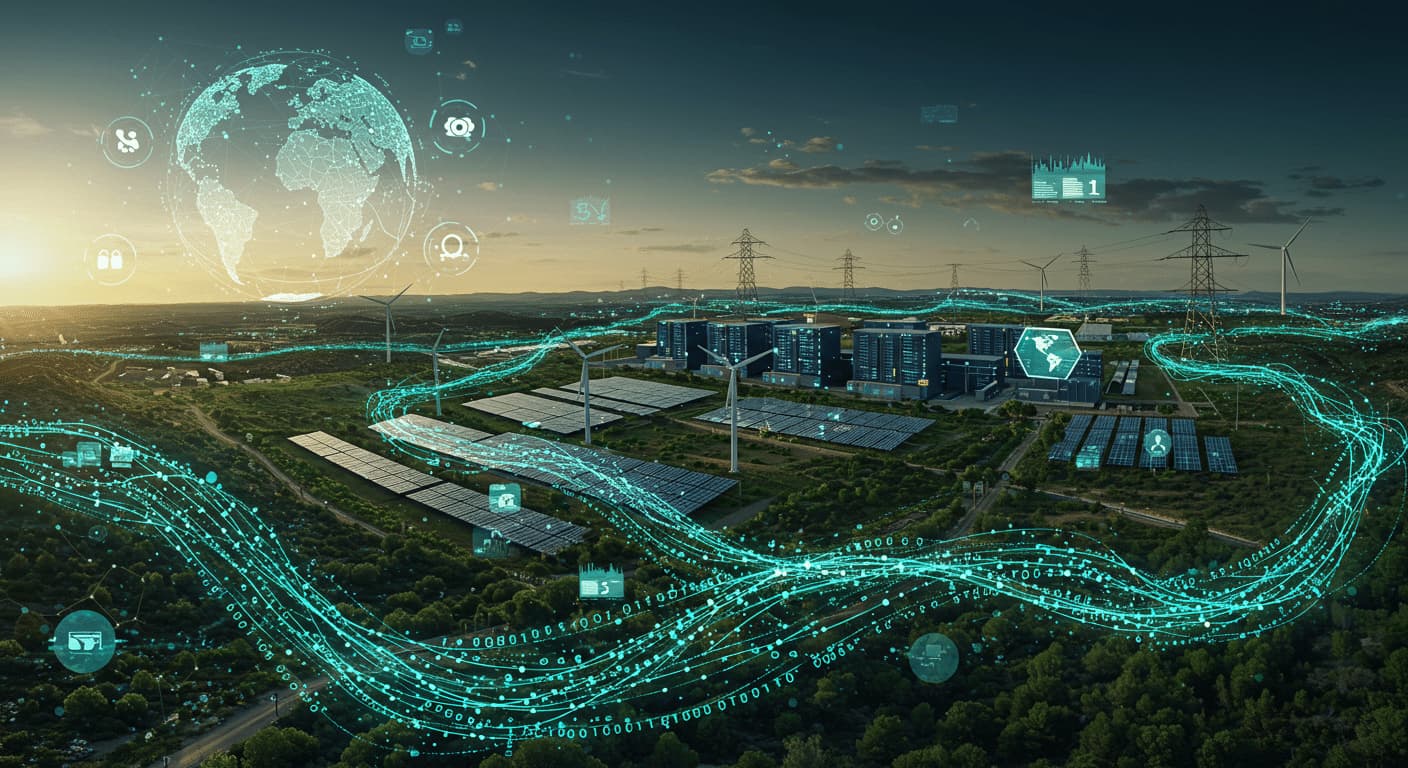 Aerial view of data centers, solar panels, wind turbines and power lines in green countryside at sunset, with glowing lines of data and a holographic globe above