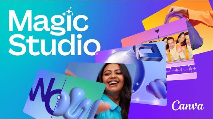 Canva Magic Studio banner with collaged design samples in purple and blue