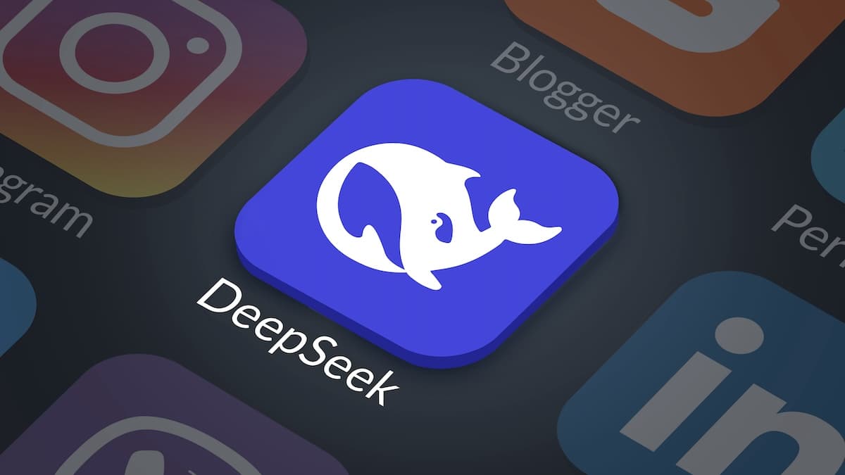 DeepSeek whale logo on a blue app icon, surrounded by blurred social media app icons