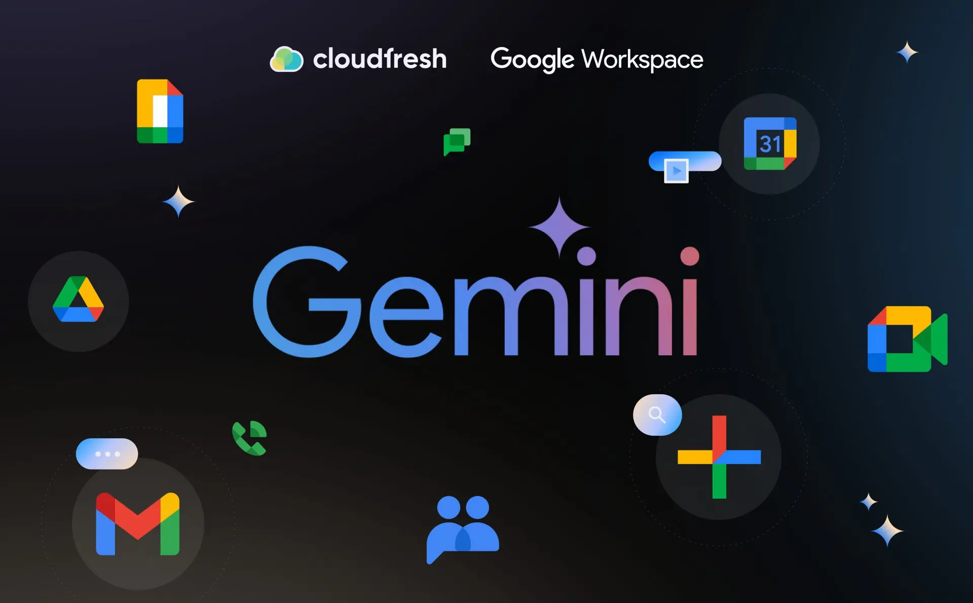 Gemini logo at the center of a dark graphic surrounded by Google Workspace app icons such as Gmail, Drive, Calendar and Meet