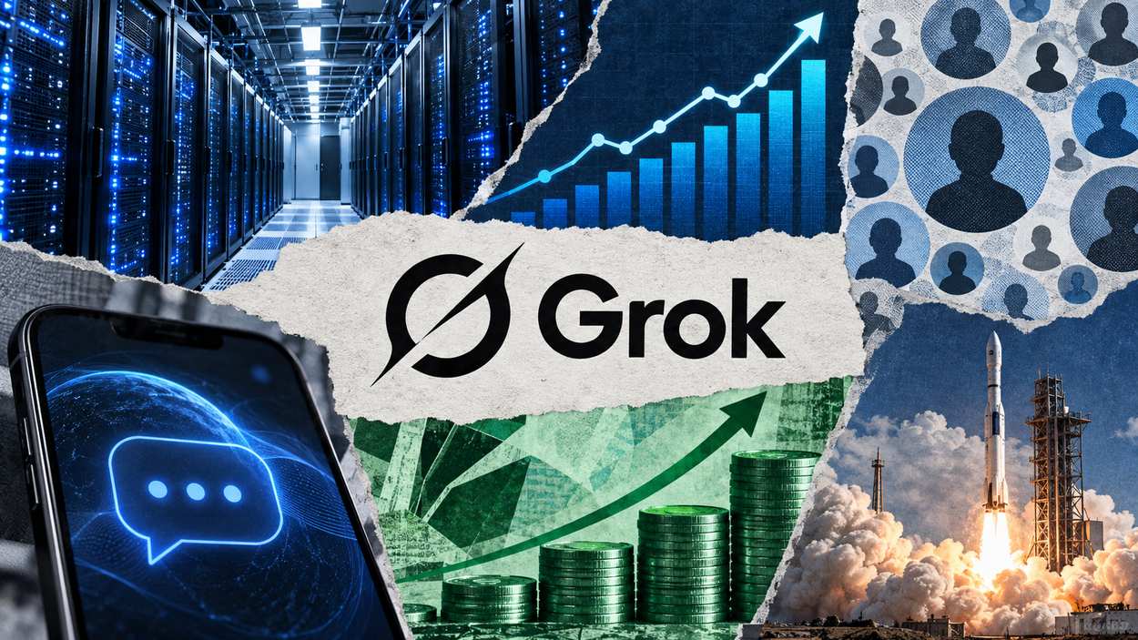 Collage with the Grok logo, a data center corridor, a phone with a chat bubble, a rising chart and a rocket launch