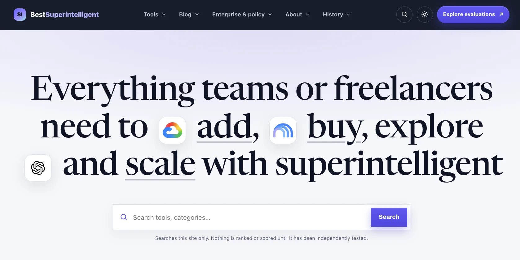 The BestSuperintelligent.com homepage: a headline reading Everything teams or freelancers need to add, buy, explore and scale with superintelligent, above a search box that says nothing is ranked or scored until independently tested