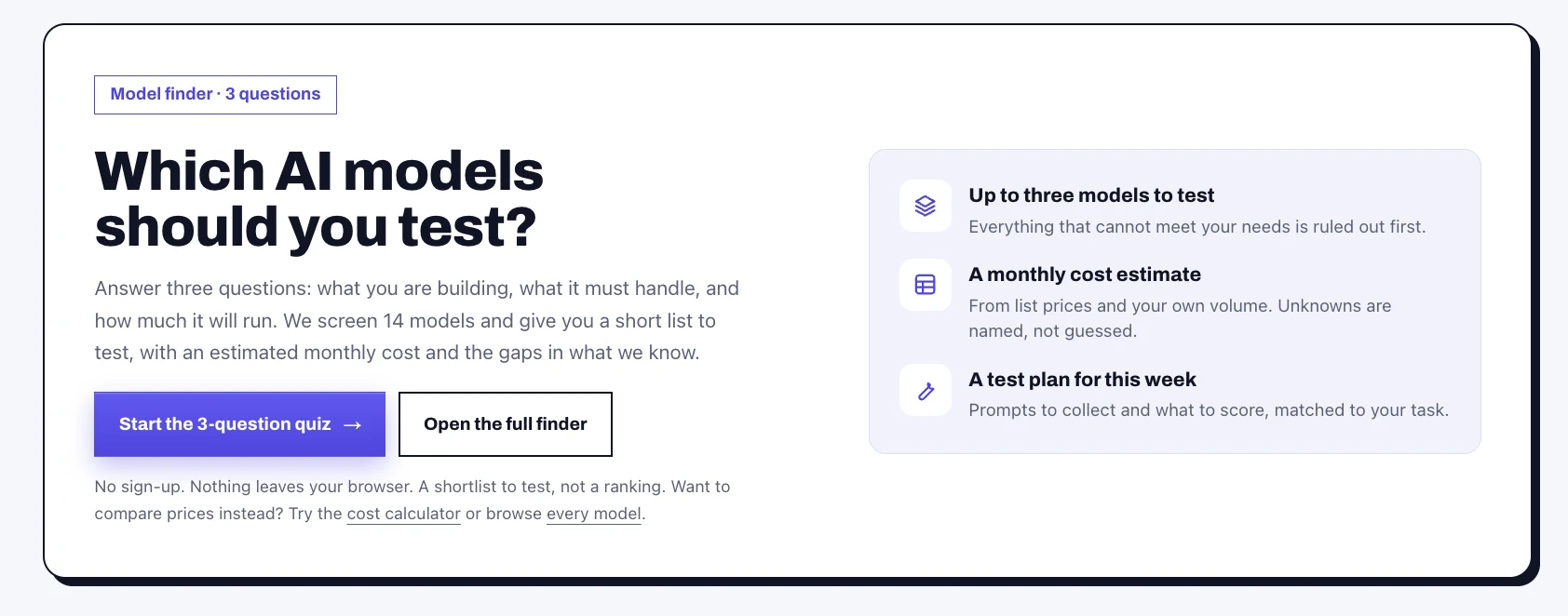 The Model Finder panel on the BestSuperintelligent.com homepage: Which AI models should you test? Answer three questions and get up to three models to test, a monthly cost estimate and a test plan for this week
