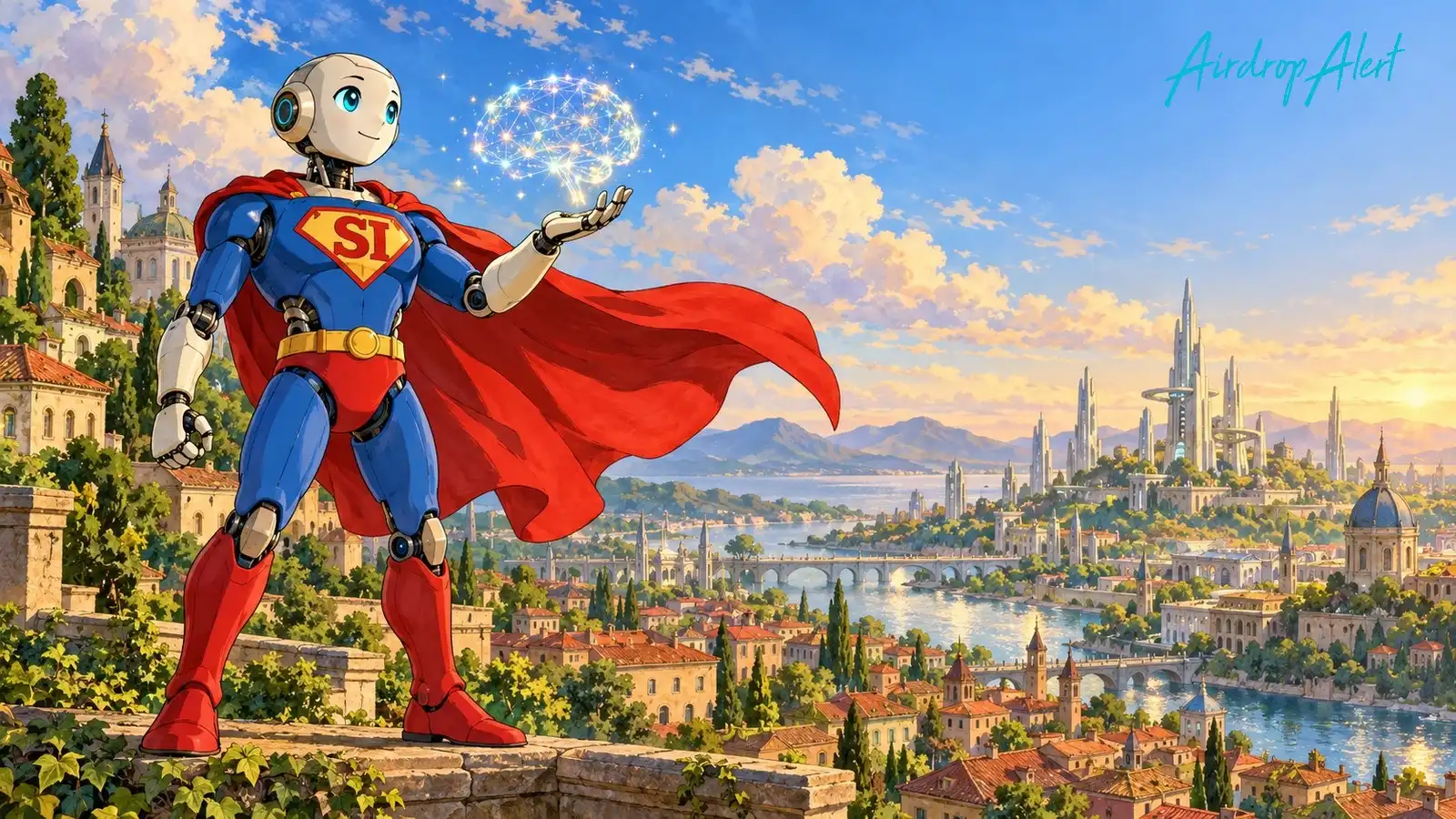 An illustrated friendly robot in a blue suit with a red cape and a gold SI emblem on its chest stands on a stone wall holding up a glowing network-shaped brain, overlooking a sunlit river city with old rooftops and slim futuristic towers.