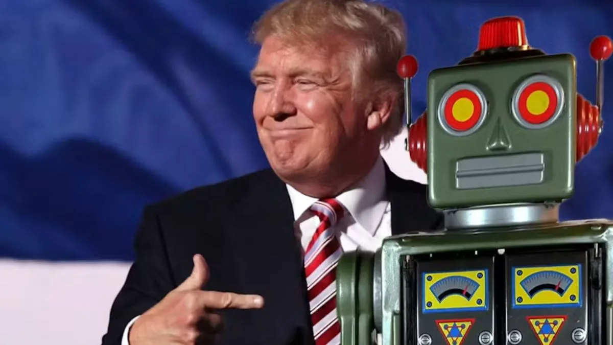 A smiling man in a dark suit and red-striped tie points toward a vintage toy robot, set against a blue background