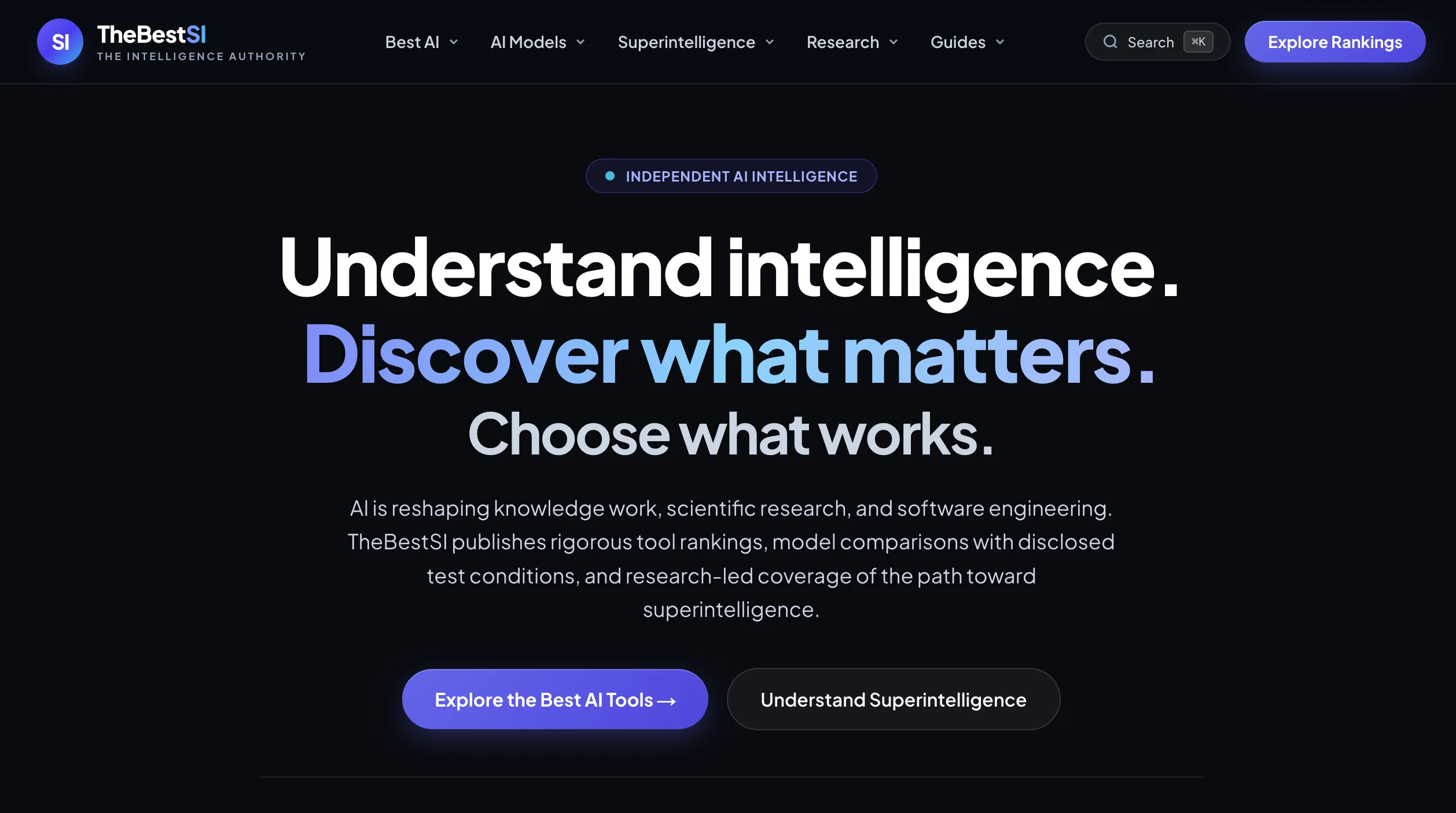 The TheBestSI homepage on a dark background: Understand intelligence. Discover what matters. Choose what works. Buttons read Explore the Best AI Tools and Understand Superintelligence