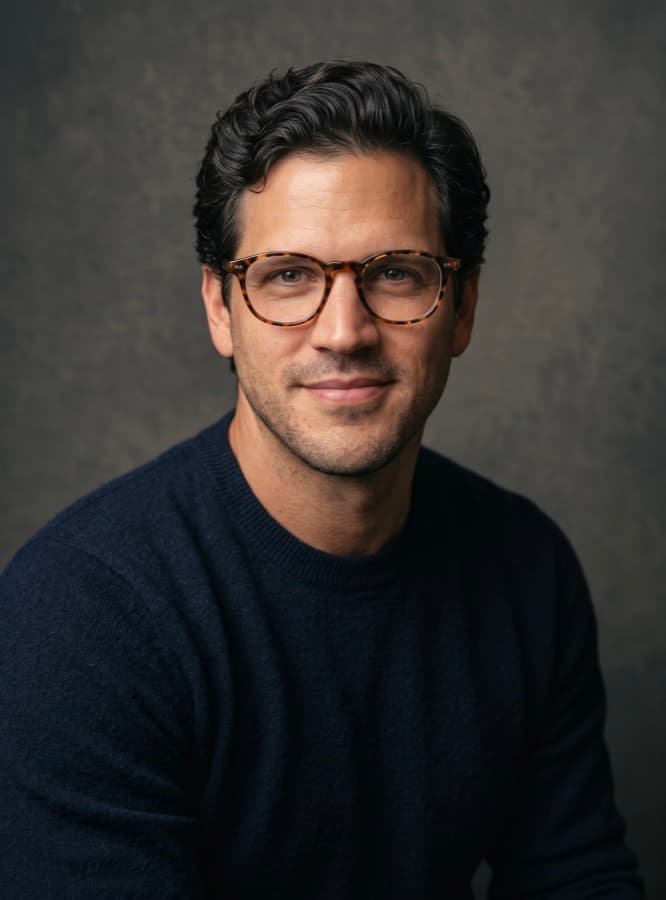 Portrait of Adam Green, wearing round tortoiseshell glasses and a navy sweater