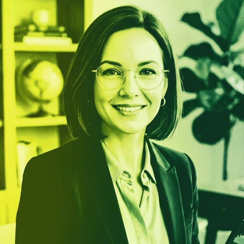 Duotone portrait of Lori Adam, smiling, with a straight bob and round glasses, in a dark blazer